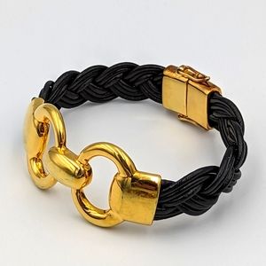 Womens Bronze Milor Italy Gold Tone & Black leather Bracelet
